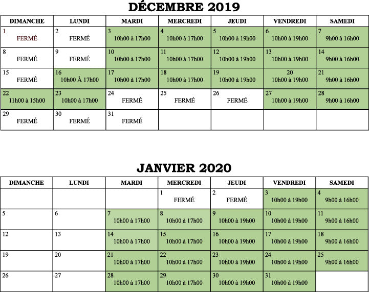 Voici notre HORAIRE pour le Temps des Fêtes