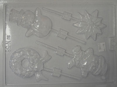 Moule à chocolat Noël - Poinsettia - Couronne - Bonhomme de neige - Père Noël sur bâton - Suçon (S-N58)